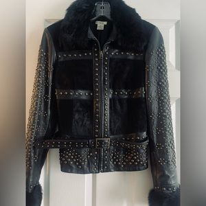 Cachet black leather and pony-hair jacket with gold studs and detachable belt.